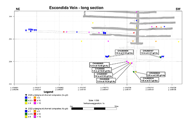 Figure 3: Long section of the Escondida Vein showing 2026 channel samples and the mine workings
