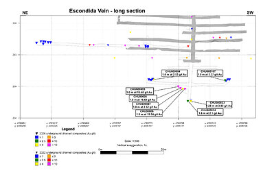 Figure 3: Long section of the Escondida Vein showing 2026 channel samples and the mine workings