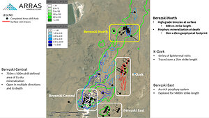 ARRAS MINERALS INTERSECTS BROAD PORPHYRY COPPER-GOLD MINERALIZATION AT BEREZSKI NORTH, INCLUDING 568.9 METRES AT 0.33% CUEQ; WELCOMES NEW STRATEGIC SHAREHOLDER