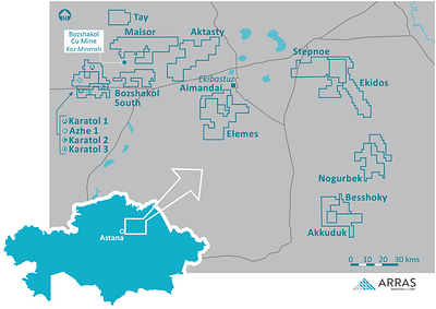Figure 9. Location of the Elemes Project and Arras Minerals project portfolio in Pavlodar Region, northeastern Kazakhstan.