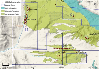 Figure 1 Huemul Project Target and Surface Sampling Locations