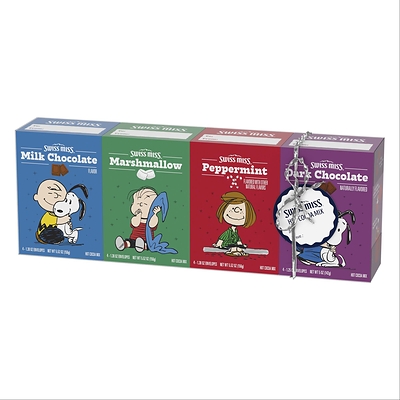 Swiss Miss® is partnering with Peanuts to introduce a new collection of hot cocoa mixes inspired by beloved Peanuts characters including Snoopy, Charlie Brown and Peppermint Patty. The pairing of this iconic cast of characters and a brand synonymous with simple indulgence and comfort is sure to bring joy to kitchens everywhere. The collection includes the 4-Pack Hot Cocoa Box Set, featuring milk chocolate, dark chocolate, peppermint and hot cocoa with marshmallows flavors.