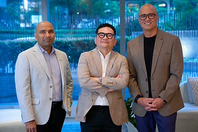 Jack Madrid (center) and Chris Venturina (right) with Sanas Chief Customer Officer, Monal Patel