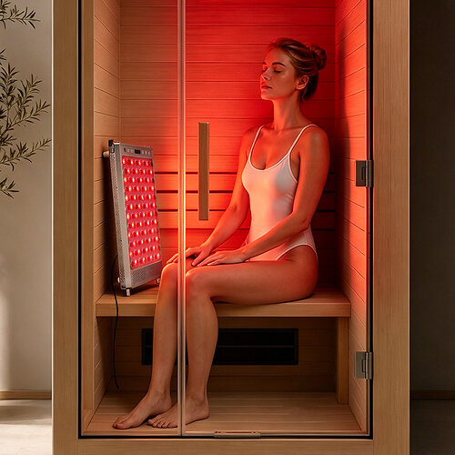 BestQool Sauna Light is designed for use in hot, humid environments, including saunas and bathrooms, and combines 660 nm red and 850 nm near-infrared light.