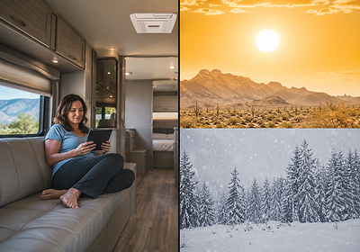New 15K BTU MRCOOL® TravelCool™ ductless system in white. One side of the image shows a woman relaxing inside the RV. The other half of the image shows extreme hot and cold climates.
