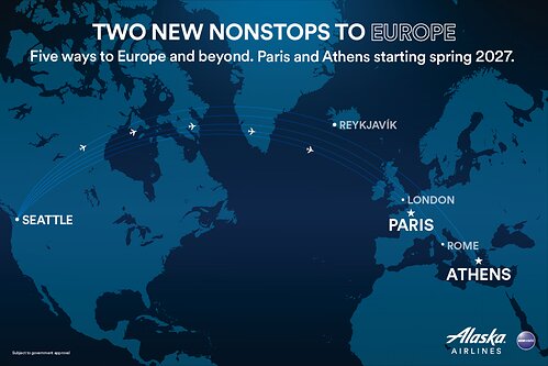 Alaska Airlines adds Athens and Paris to its growing international network from Seattle, expanding nonstop access between the West Coast and Europe. This image opens in the lightbox