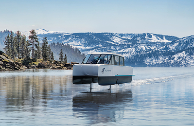 A render of FlyTahoe's VS–9, the electric hydrofoiling vessel set to operate on Lake Tahoe. Image courtesy of Vessev.