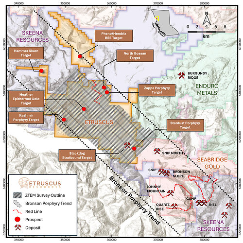 (Figure 1: Rock & Roll Property showing the planned ZTEM survey area, priority exploration targets, interpreted Bronson Corridor trend, and adjacent mineral tenure.)