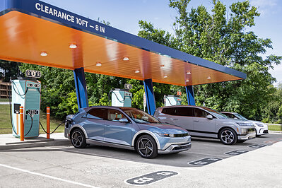 Hyundai IONIQ and Genesis EVs charge at the IONNA Rechargery in Forest Park, Georgia, on May 13, 2026.
