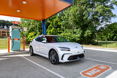 A 2026 Genesis GV60 Performance AWD charges at the IONNA Rechargery in Forest Park, Georgia, on May 13, 2026.