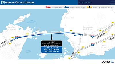 Fermeture complète du pont de l’Île-aux-Tourtes du 24 au 27 août Fermeture complète du pont de l’Île-aux-Tourtes du 24 au 27 août