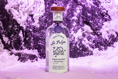 La Pulga Tequila 2026 Limited-Edition TCU Horned Frogs Collector's Bottle, photographed inside TCU's "snow room" at the Simpson Family Restoration and Wellness Center. (photo: @aye.creator)