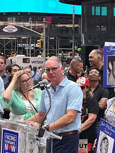 Bryan Keller, CEO of Keller Logistics addresses the families at the National Fentanyl Prevention & Awareness day event in Times Square, August 20th, 2026. 