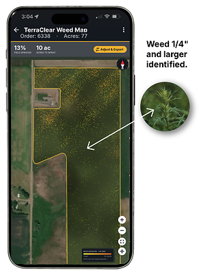 iPhone with TerraClear Weed Map showing a 1/4" weed 
