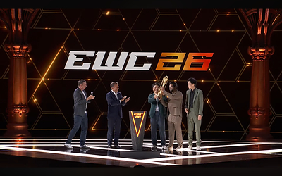 President Emmanuel Macron and Esports Foundation CEO Ralf Reichert (L) present the Esports World Cup 2026 Club Championship trophy to Esports World Cup 2026 winner AG.AL’s Kedeng Le Chairman, AG Esports Group CEO, AG Global; Abubaker Sheikhm, VP, AG Global (Business); and Xin Chang, VP, AG Global Special Assistant to Chairman at the Closing Ceremony of the Esports World Cup 2026 held at the Grand Palais in Paris, France.