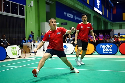 Minister Edwin Tong (left), on court alongside Indonesian Olympic Gold Medallist Hendra Setiawan (right) during the VIP exhibition match. Minister Edwin Tong (left), on court alongside Indonesian Olympic Gold Medallist Hendra Setiawan (right) during the VIP exhibition match.