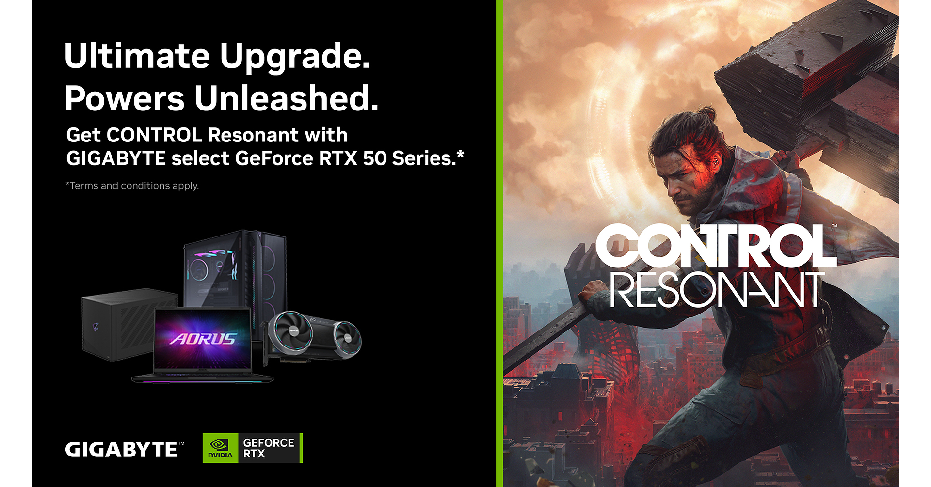 GIGABYTE sassocie &agrave; NVIDIA pour am&eacute;liorer lexp&eacute;rience de jeu gr&acirc;ce au pack contenant une GeForce RTX&trade; S&eacute;rie 50 et le jeu CONTROL Resonant