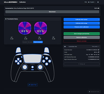 Screenshot displaying live analog stick circularity, calibration controls and controller diagnostic information.