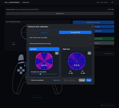 Controller calibration showing robust analog stick circularity fine-tuning with live left and right stick visualization and adjustment controls. Controller calibration showing robust analog stick circularity fine-tuning with live left and right stick visualization and adjustment controls.