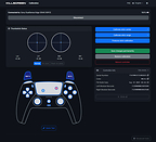 Killscreen Controller Calibration & Testing showing live DualSense Edge input testing for analog sticks, triggers and touchpad, with calibration controls and controller diagnostics.