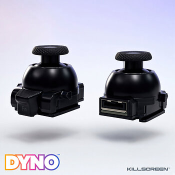 Dyno™ TMR Stick Modules for DualSense Edge shown from front and rear, highlighting the drop-in replacement design, textured thumbsticks and Killscreen performance hardware.