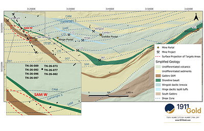 Figure 1: Plan View – True North Geology-SAM W Target with Surface Drill Hole Locations
