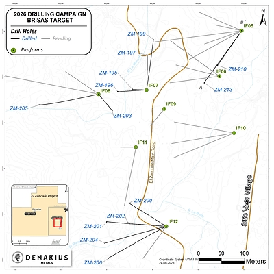 Map showing the location of the drill holes for the Las Brisas 2026 drilling campaign