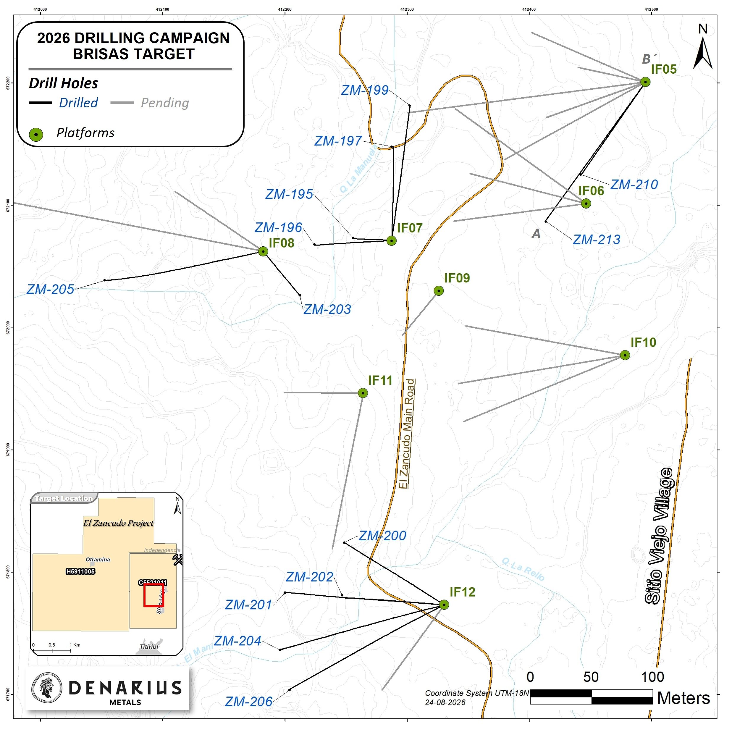 Map showing the location of the drill holes for the Las Brisas 2026 drilling campaign Map showing the location of the drill holes for the Las Brisas 2026 drilling campaign
