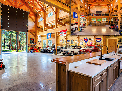 The impressive barn was completed in 2026 at a stated cost of nearly $2 million. Built to residential living standards, the barn features 6,000 sf of interior area, and currently houses the owners’ vintage automobile collection. The lower level includes a lounge area and custom bar with double-keg dispenser, while an upper-level loft area (inset image, at top) is ideal as an office space, entertainment lounge, art gallery or yoga studio. DurangoLuxuryAuction.com.