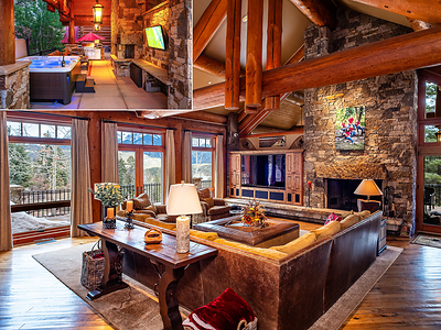 The cozy family room includes a stone fireplace and walls of windows offering both views and access to the outdoor terraces. Inset image: One of the terraces features a jacuzzi tub, wall-mounted TV and adjacent summer kitchen - perfect for soaking up the surrounding, natural beauty. DurangoLuxuryAuction.com.