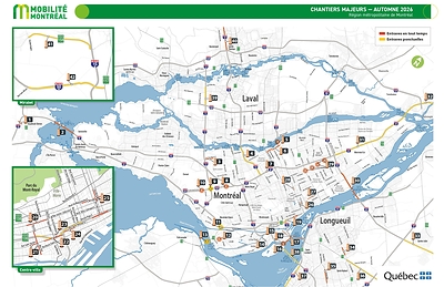 Carte générale des chantiers majeurs prévus dans la région métropolitaine de Montréal