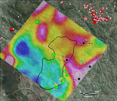 1 b. Maps showing modelled IP chargeability from -200 m depth. 1 b. Maps showing modelled IP chargeability from -200 m depth.
