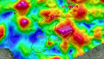 2. Map showing outlined of modelled IP chargeability overlain on magnetic inversion image from -400 m depth. Permitted drill-holes are shown in red dots and pending permits in blue. 2. Map showing outlined of modelled IP chargeability overlain on magnetic inversion image from -400 m depth. Permitted drill-holes are shown in red dots and pending permits in blue.
