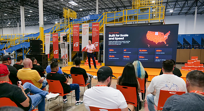 Vincent D'Amato, GOFO's chief sales officer for North America, delivers the keynote at the company's Dallas Central Primary Hub on Aug. 21, 2026. (Photo: GOFO)