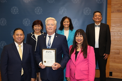From left, City of Cerritos Mayor Pro Tem Mark Pulido, Council Member Sophia Tse, Robert H. Gregg II, DDS, Council Member Jennifer Hong, Mayor Lynda Provido Johnson, Council Member Frank Aurelio Yokoyama. 

