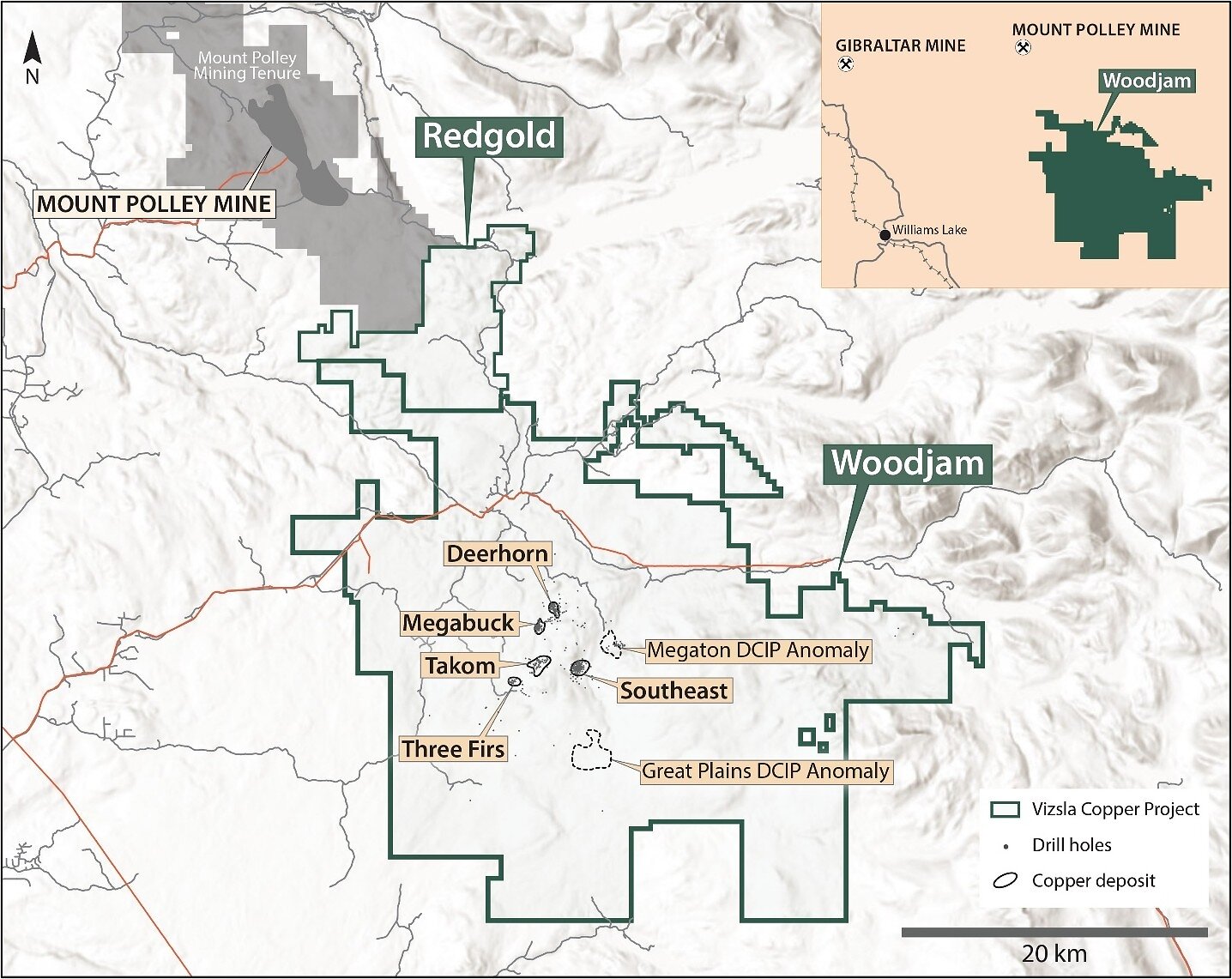 Figure 1. Map showing the location of Vizsla Copper’s Woodjam and Redgold projects in relation to Imperial Metals’ Mount Polley mine. Priority exploration targets at Woodjam, including the Deerhorn deposit, are also shown. Mineralization at Mount Polley or other nearby or regional mineral projects is not necessarily indicative of mineralization at the Woodjam Project or the Redgold Project.