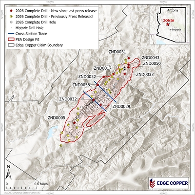Figure 1: Drill hole plan location map. Cross section locations shown in Figures 2 and 3 are shown by blue lines.