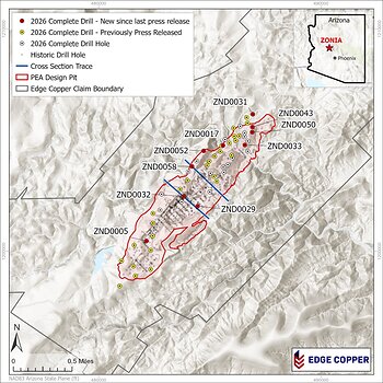 Figure 1: Drill hole plan location map. Cross section locations shown in Figures 2 and 3 are shown by blue lines.