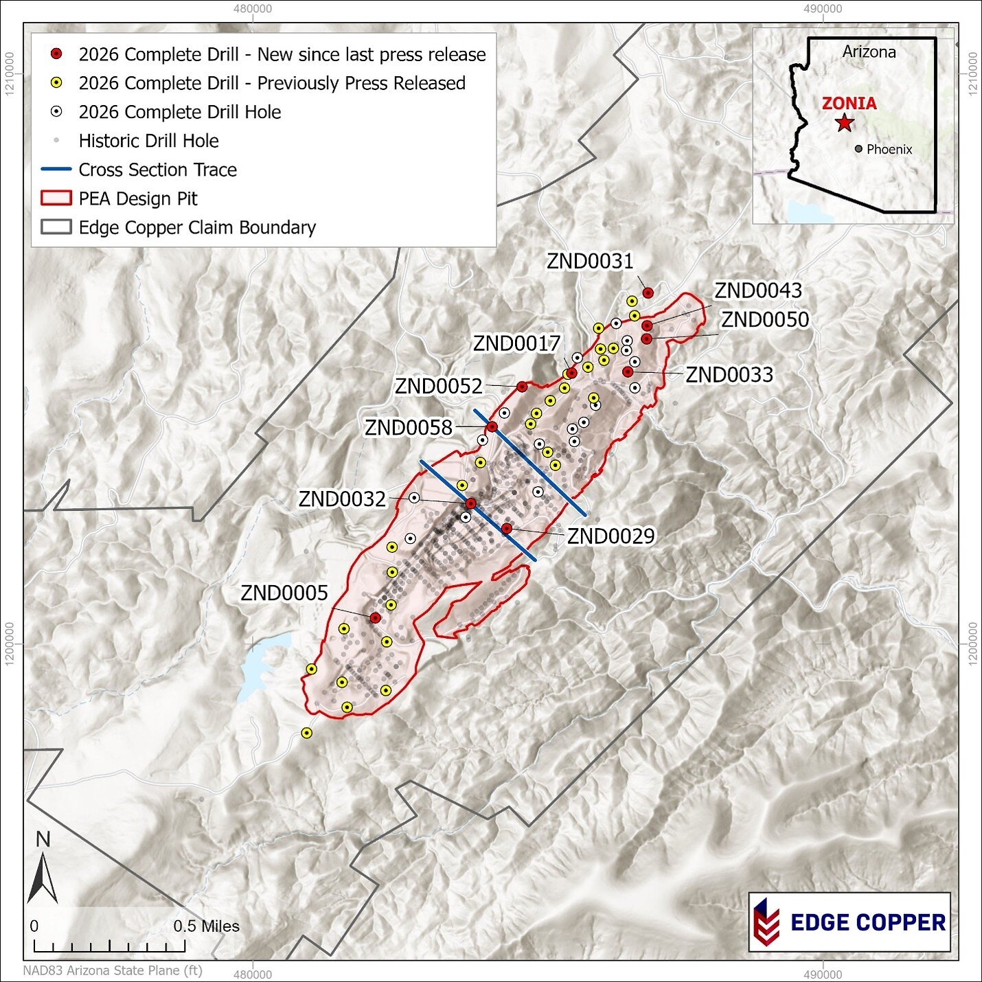 Figure 1: Drill hole plan location map. Cross section locations shown in Figures 2 and 3 are shown by blue lines. Figure 1: Drill hole plan location map. Cross section locations shown in Figures 2 and 3 are shown by blue lines.