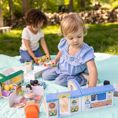 Cheery Lane a modular pretend world made of wood and mixed materials that reimagines the traditional dollhouse/play set with an open-top design that makes imaginative storytelling easier and more engaging for toddlers and preschoolers. 