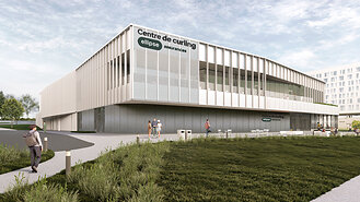 Maquette du nouveau centre de curling avec logo Ellipse Assurances