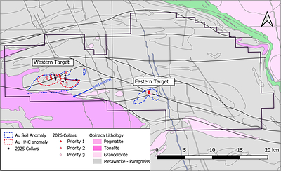 Figure 1 - Property geology, soil & HMC anomalies and 2026 planned drill hole locations