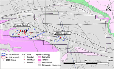 Figure 1 - Property geology, soil & HMC anomalies and 2026 planned drill hole locations