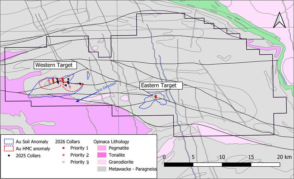 Figure 1 - Property geology, soil & HMC anomalies and 2026 planned drill hole locations