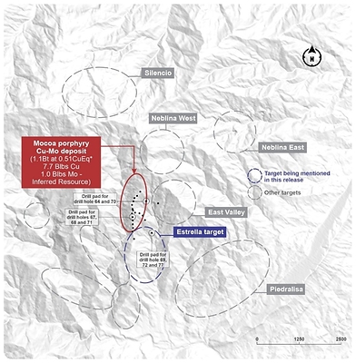 Figure 4. Plan view of the Mocoa porphyry Cu-Mo deposit and surrounding exploration targets. Black dots represent drill pads. Figure 4. Plan view of the Mocoa porphyry Cu-Mo deposit and surrounding exploration targets. Black dots represent drill pads.