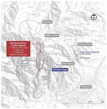 Figure 4. Plan view of the Mocoa porphyry Cu-Mo deposit and surrounding exploration targets. Black dots represent drill pads.