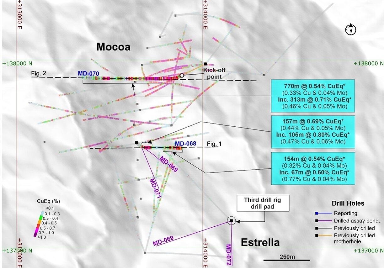 Figure 3. Plan view of holes MD-068 and MD-070 and the location of the cross-sections shown in Figures 1 and 2. MD-070 validates higher-grade domains within the MRE¹ footprint, while hole MD-068 intercepted better grade below the shallower vertical past holes, extending Cu-Mo mineralization to the SE and at depth.
