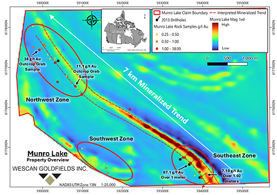 Figure 2: Munro Lake property overview showing surface grab sample locations, 2013 drill hole locations and the three principal mineralized areas (Northwest, Southwest and Southeast zones) along the 7-kilometre mineralized trend.