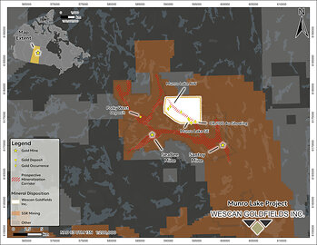 Figure 1: Location of the Munro Lake Project, northern Saskatchewan. The prospective volcanic stratigraphy, highlighted in red, extends from the Seabee and Santoy mines onto the Munro Lake property**.