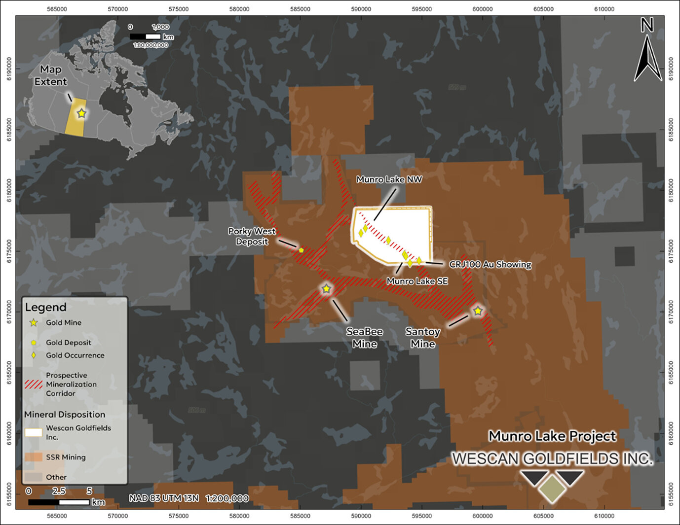 Figure 1: Location of the Munro Lake Project, northern Saskatchewan. The prospective volcanic stratigraphy, highlighted in red, extends from the Seabee and Santoy mines onto the Munro Lake property**. Figure 1: Location of the Munro Lake Project, northern Saskatchewan. The prospective volcanic stratigraphy, highlighted in red, extends from the Seabee and Santoy mines onto the Munro Lake property**.